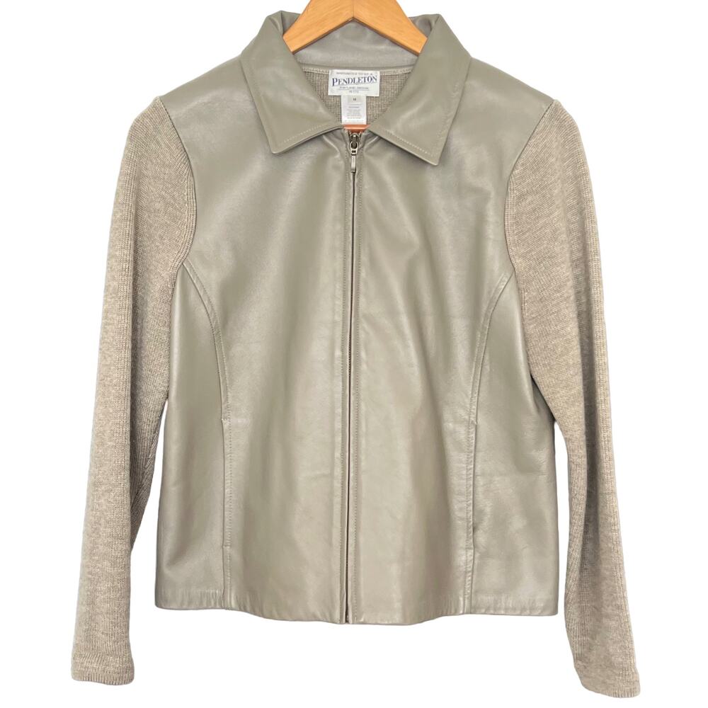 Pendleton Beige Leather and 100% Merino Wool Zip Sweater Jacket Medium Petite